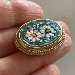 Handmade Italian Floral Micro Mosaic Gold-Tone Brooch - Green, Pink & Blue